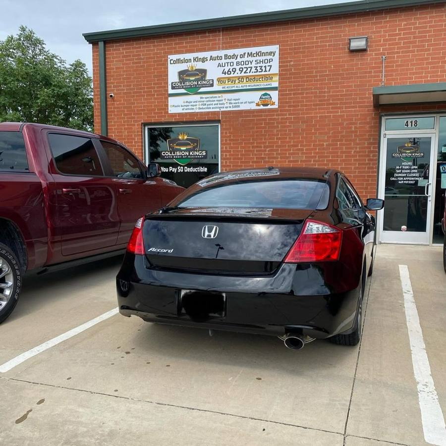 Collision Kings shop front at 418 Power House Drive in McKinney, with a repaired Honda Accord parked outside
