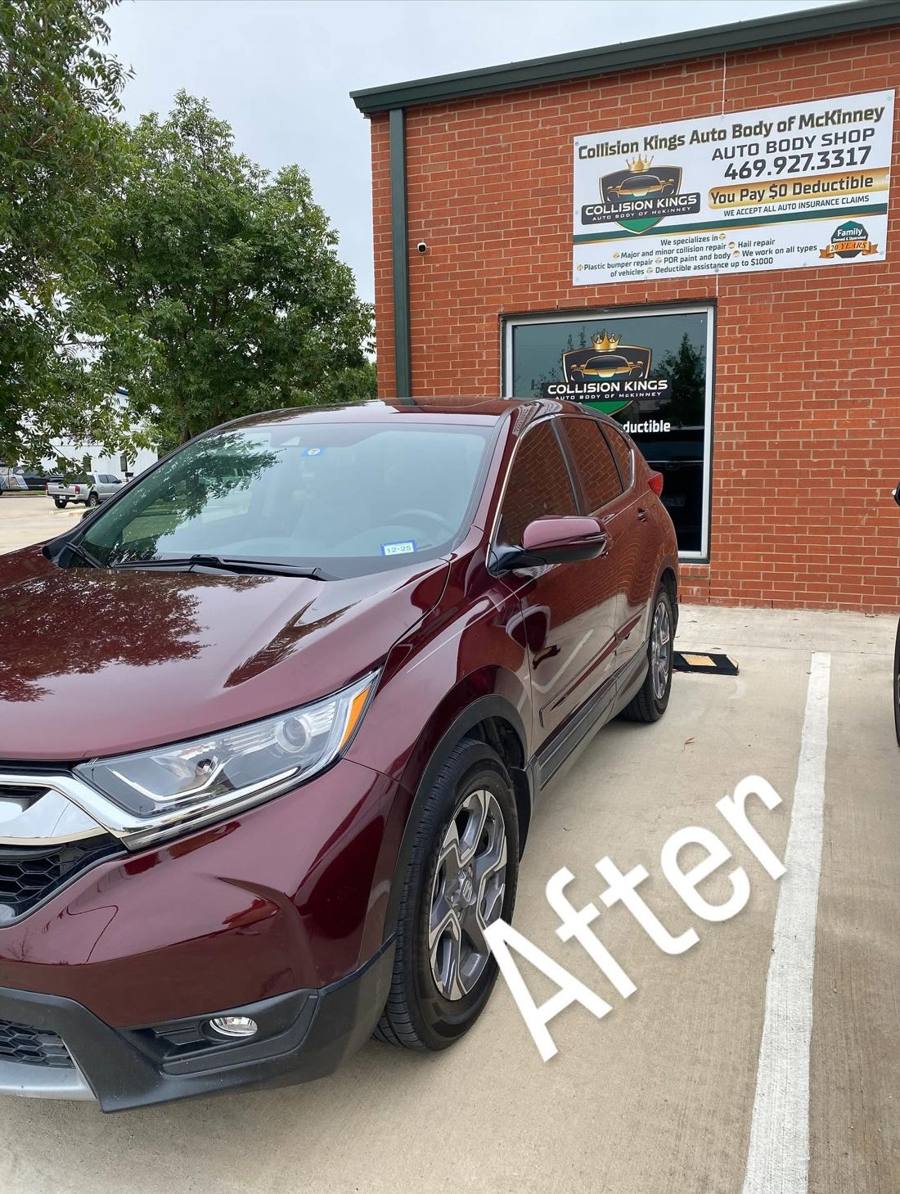Burgundy Honda CR-V after front bumper repair, parked outside the shop