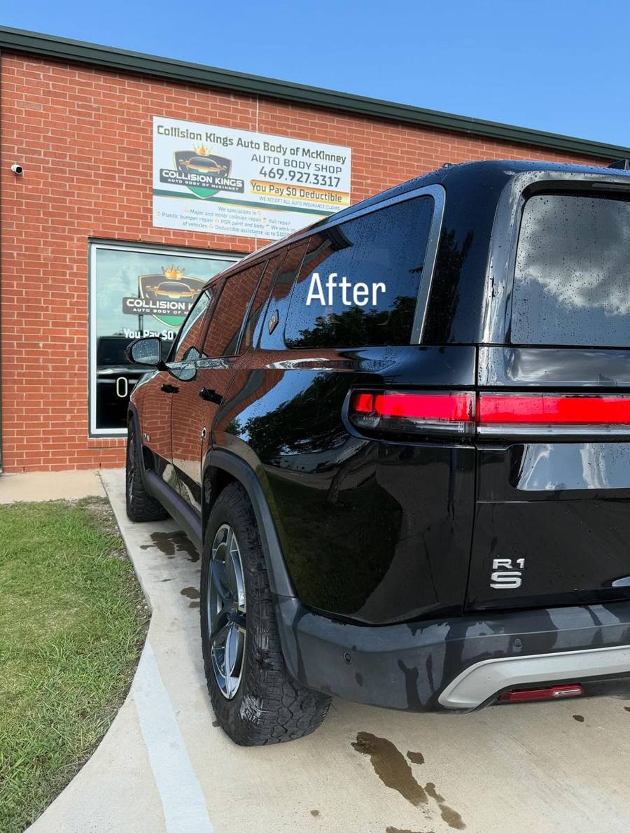 The Rivian after paint repair, with a glossy black finish matching the rest of the vehicle